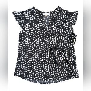Calvin Klein Black White Print Flutter Sleeve Blouse Top Large V-neck L Like New